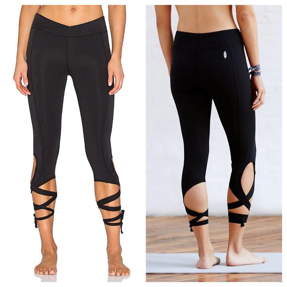 Free People Movement Turnout Black Cropped Leggings Small Lace Up Tie Leg - Picture 1 of 8